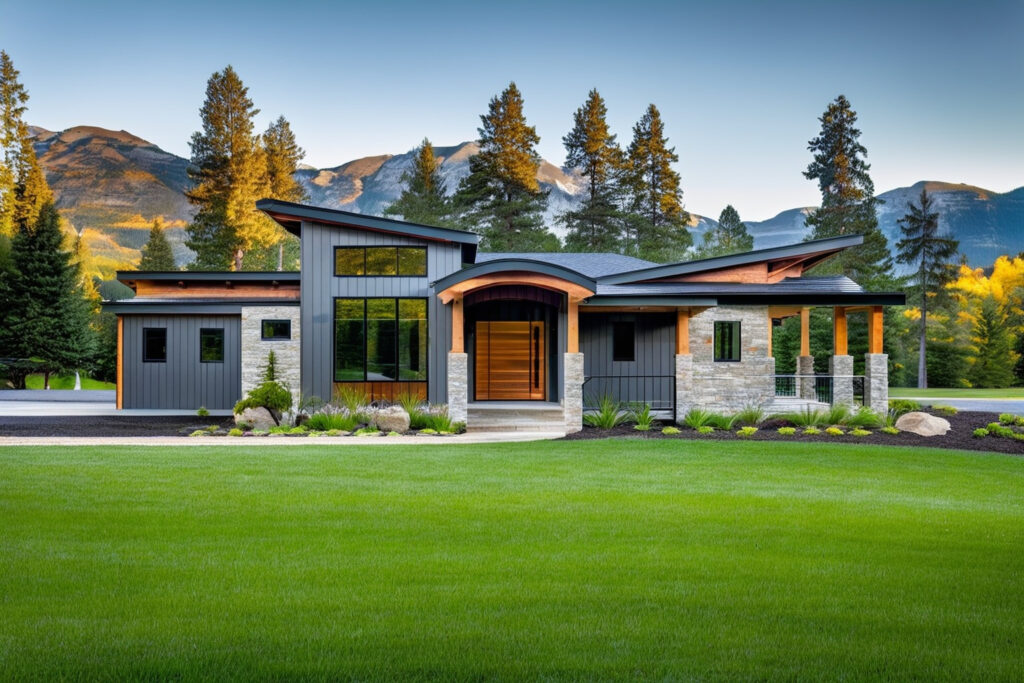 a house with a lawn and trees in the background
