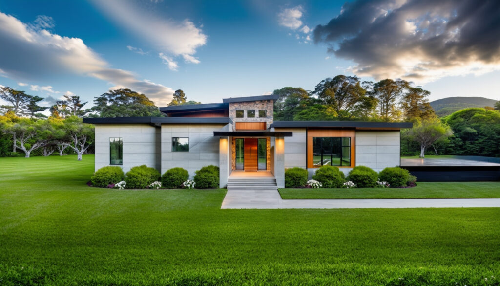 a house with a lawn and a walkway