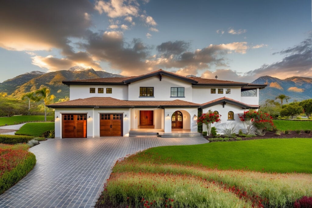 a large white house with a driveway and lawn